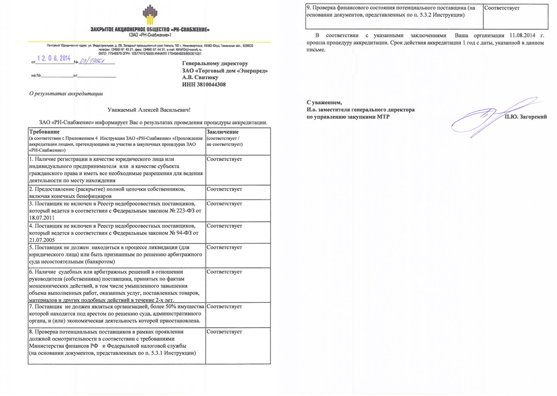Письмо о специализации поставщика образец роснефть